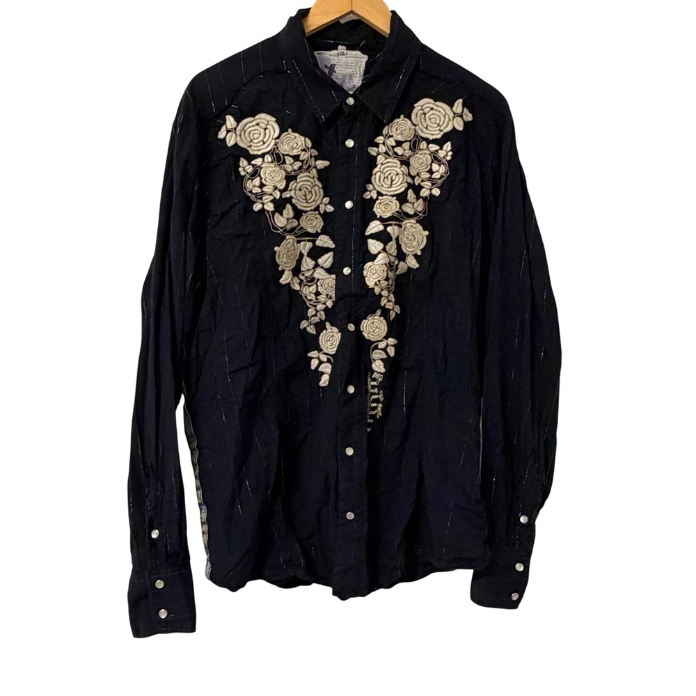 Workshop Ranch Mens XXL Black Western Pearl Snap Shirt Floral Embroidery Lurex